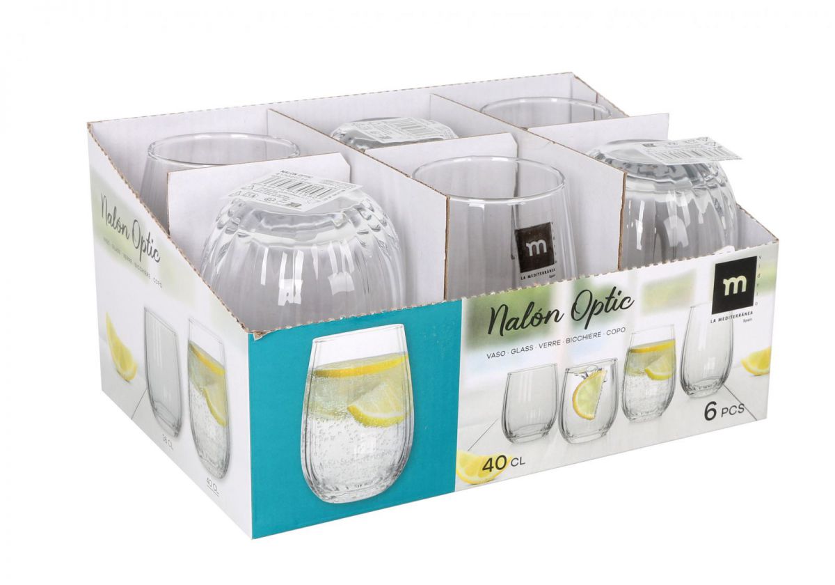 Retail display box with six Nalon Optic 400ml textured clear drinking glasses