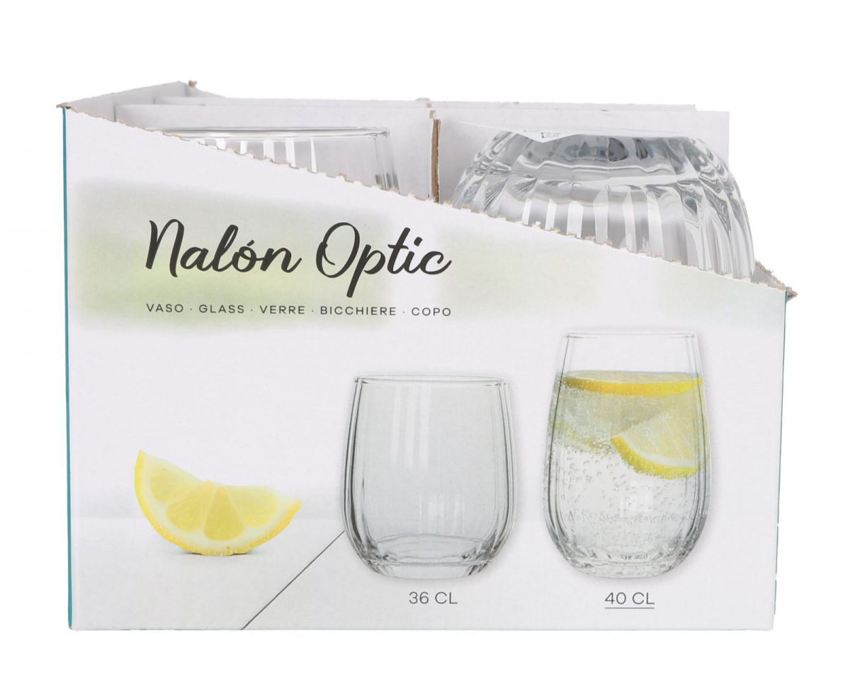 Retail box of Nalon Optic 400ml clear glass tumblers for water juice cocktails