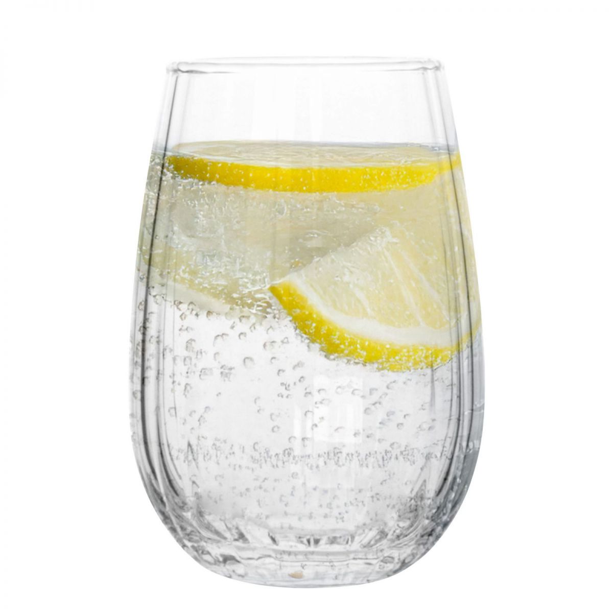 Clear glass filled with sparkling water and lemon slices in Nalon Optic 400ml tumbler