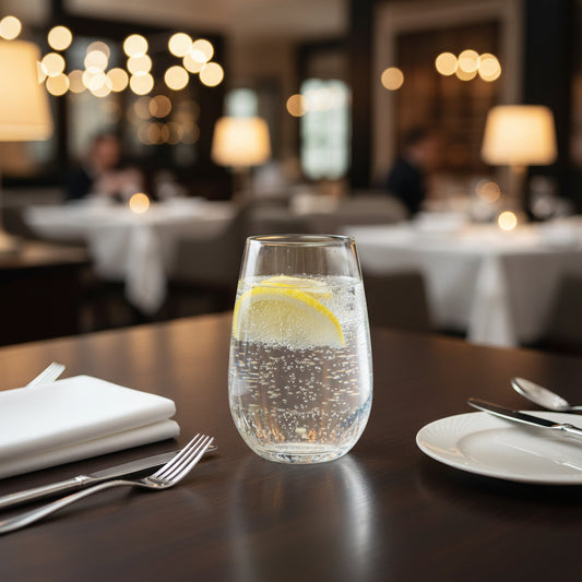 Clear glass with lemon slices and bubbles on a white background