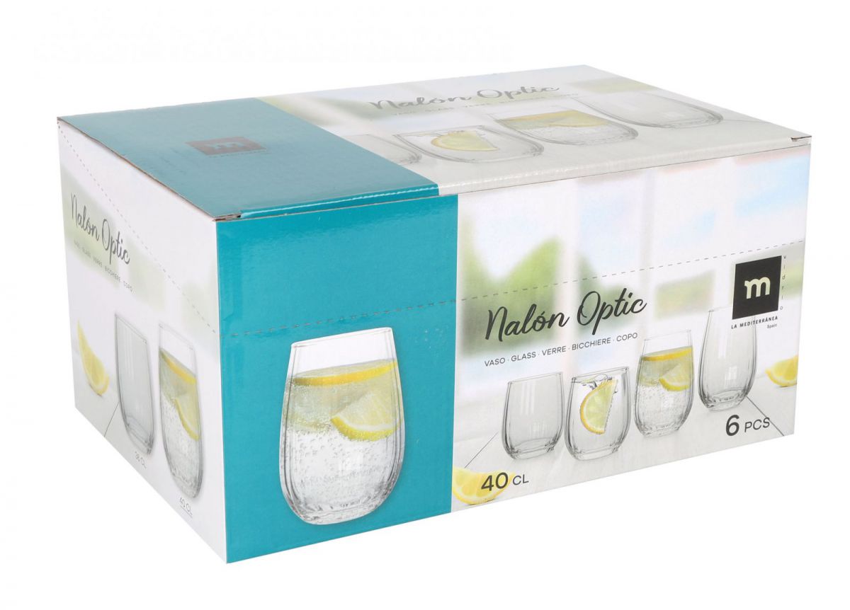 Boxed set of six clear Nalon Optic 400ml glass tumblers for water juice cocktails