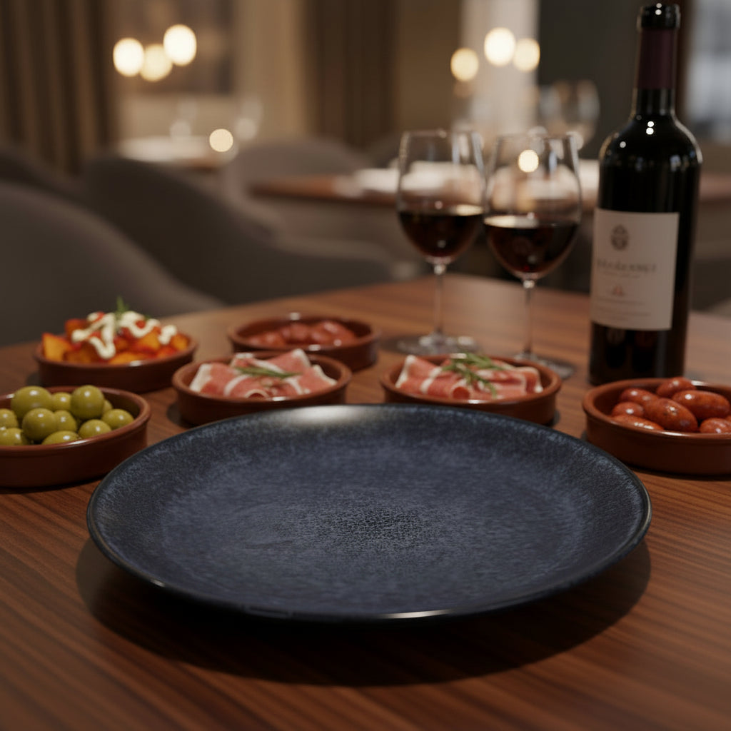 A round dark blue-gray ceramic plate with a textured glaze, resting on a wooden table in a softly blurred restaurant setting.