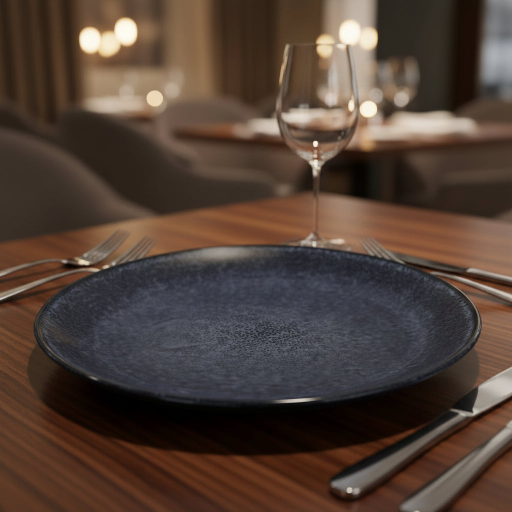 A round dark blue-gray ceramic plate with a textured glaze, resting on a wooden table in a softly blurred restaurant setting.