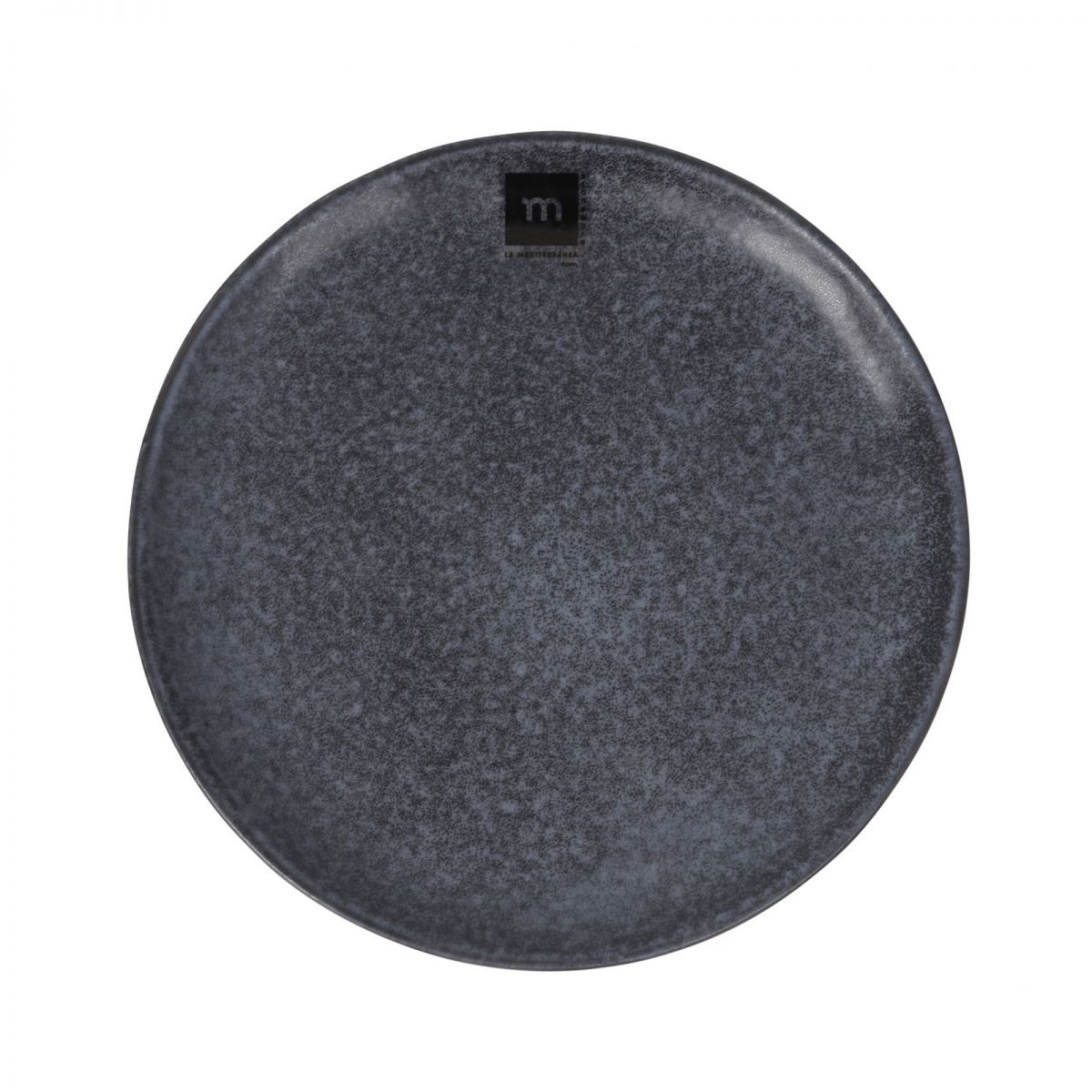 Black matte Nebula 21cm irregular stoneware dessert plate with speckled texture and m logo