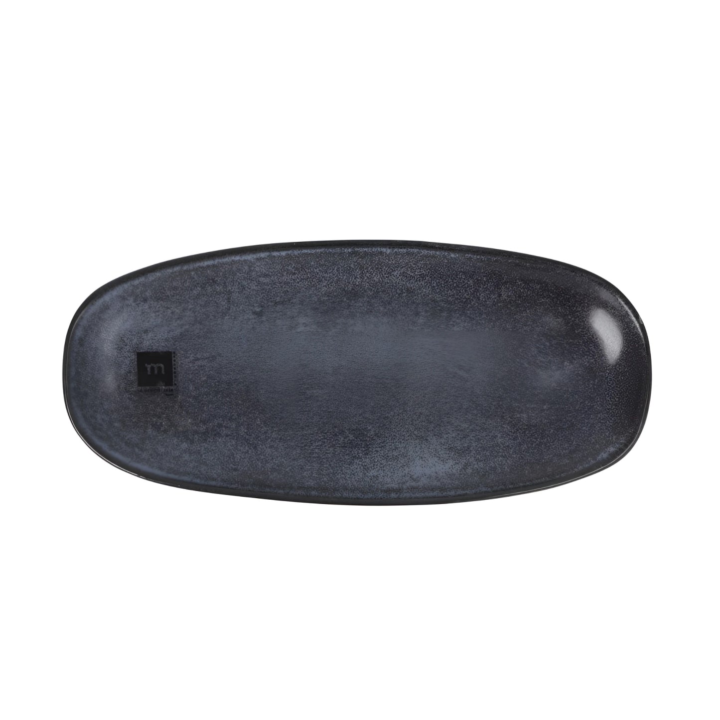 A dark charcoal gray oval tray with a textured, speckled finish and a small black square logo containing a white lowercase 'm' on the left side, set against a plain white background.