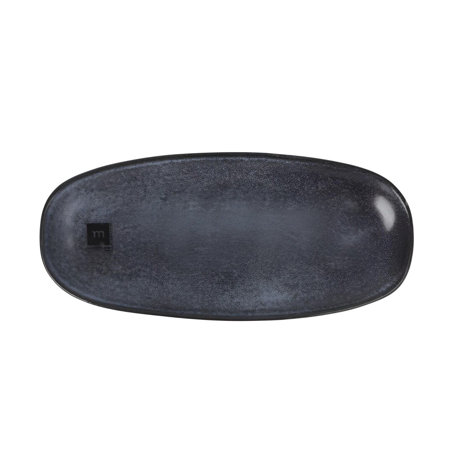 A dark charcoal gray oval tray with a textured, speckled finish and a small black square logo containing a white lowercase 'm' on the left side, set against a plain white background.
