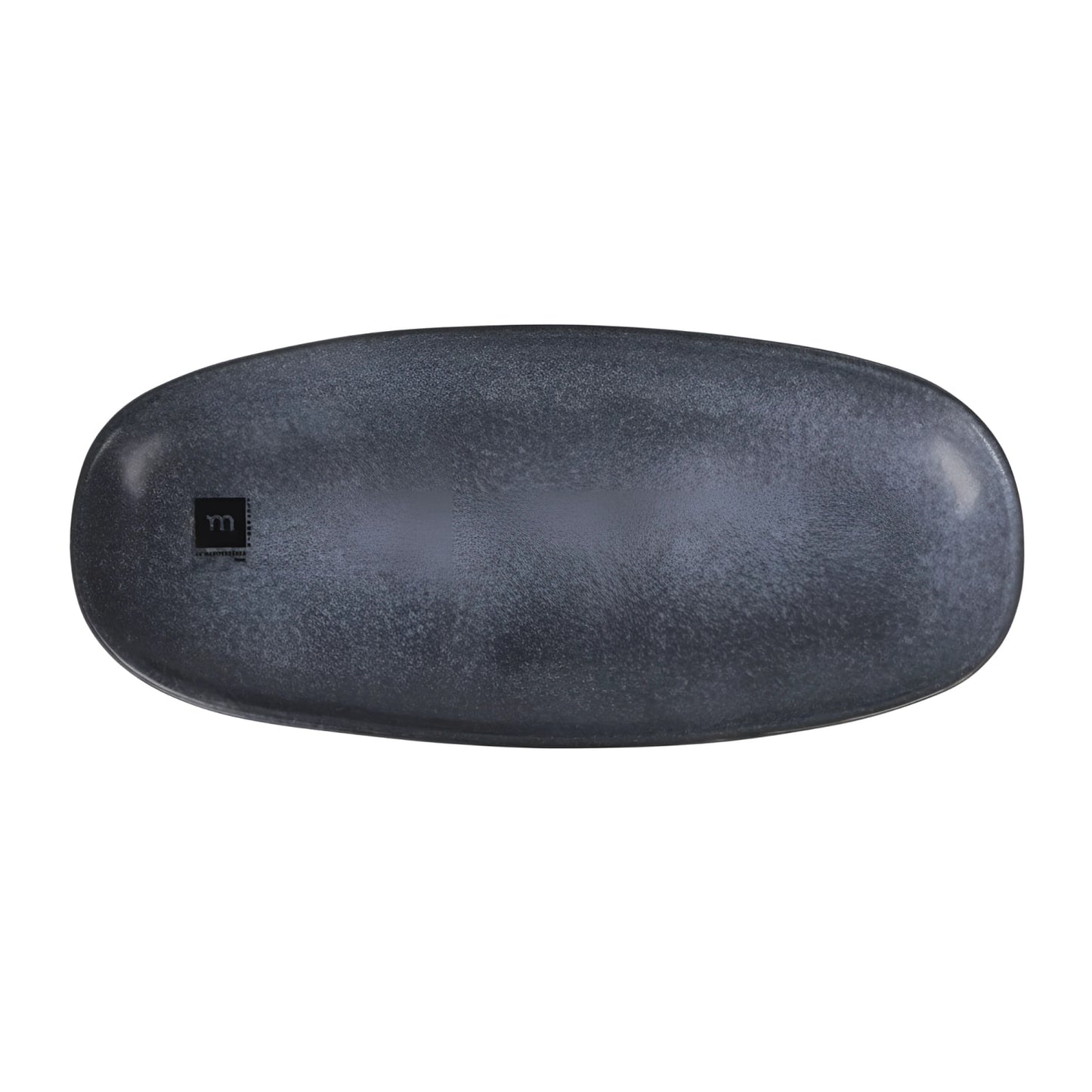 A dark gray, oval-shaped electronic device with a textured, speckled finish and a small black square logo on the left side, shown against a plain white background.