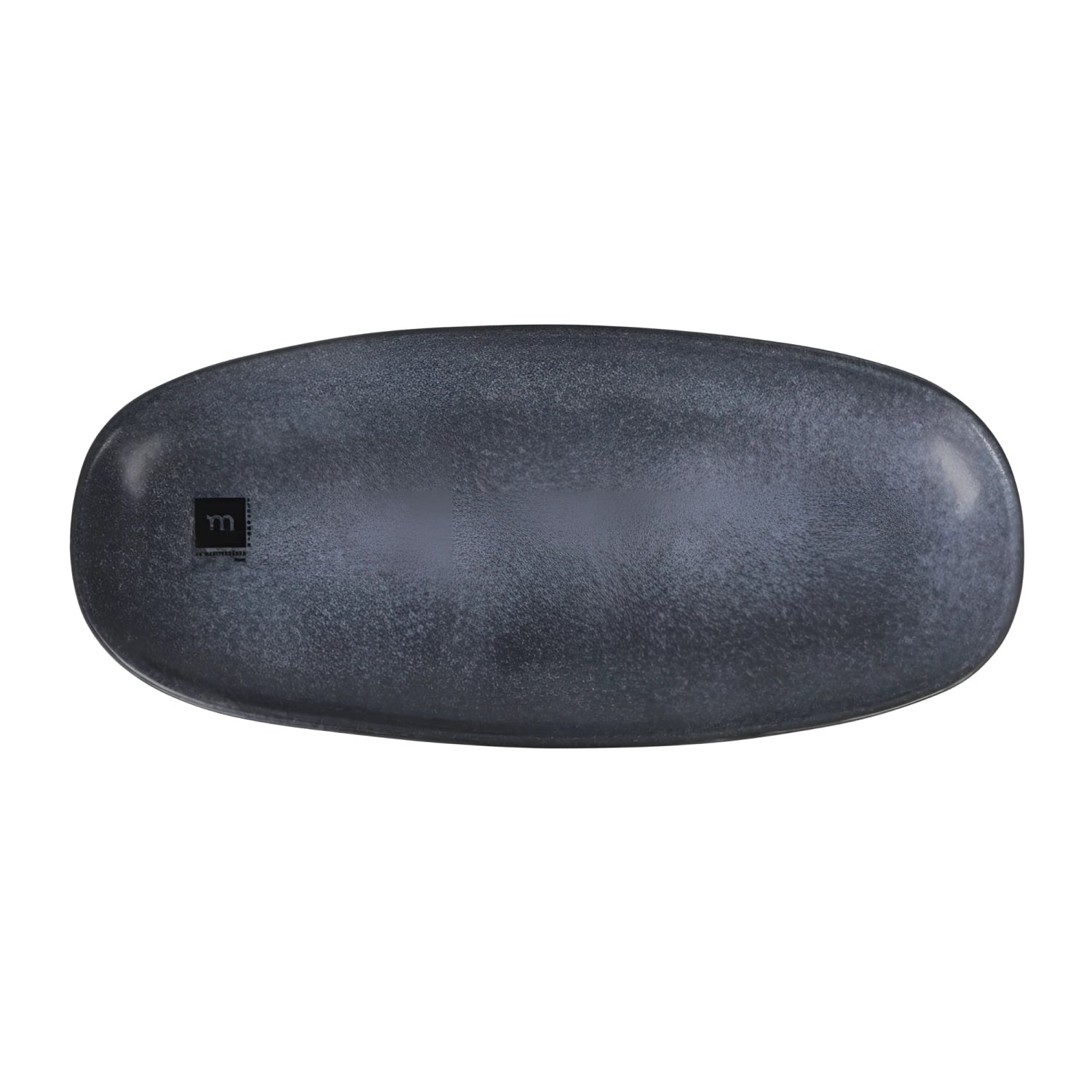 A dark gray, oval-shaped electronic device with a textured, speckled finish and a small black square logo on the left side, shown against a plain white background.