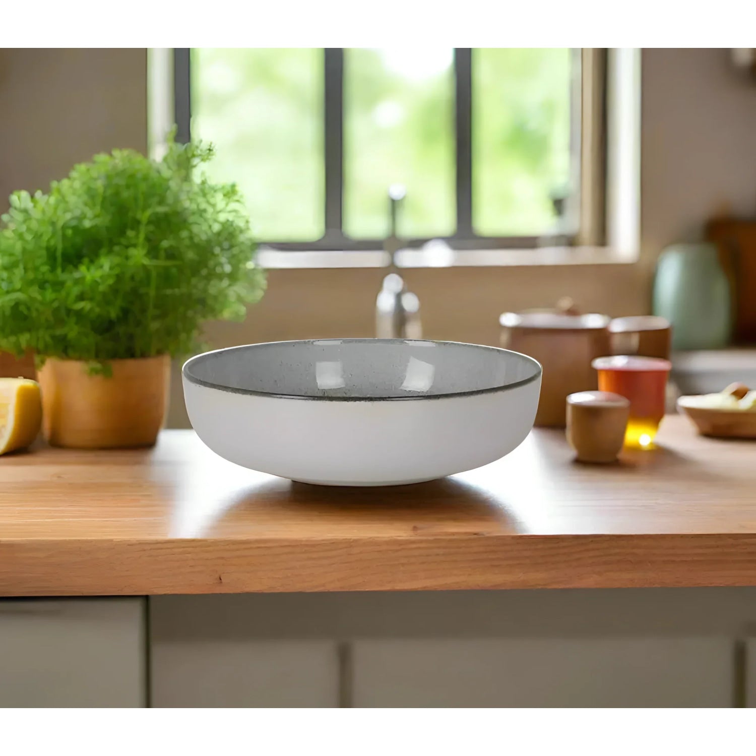 White ceramic bowl with gray rim from Nordic Beloi 18cm Pasta Bowl Stoneware