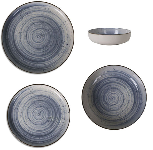 Set of three blue and grey spiral-patterned ceramic dinner plates and matching bowl from Nordic SWIRL 12pcs dinner set