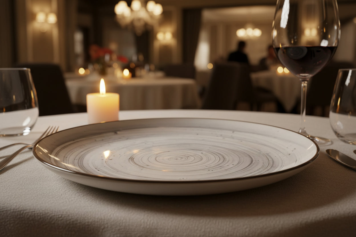 A round ceramic plate with a textured, hand-painted finish featuring concentric circles in gray and white with subtle speckles, shown alongside a smaller side profile view of the same plate on a plain white background.