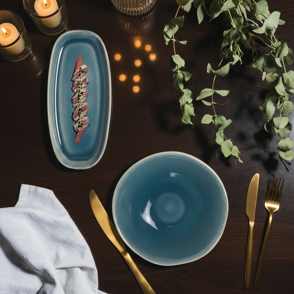A blue ceramic dinnerware set featuring an oval platter with a red fish salad dish and a matching round bowl, styled on a white marble surface with a gold knife, white cloth, and green eucalyptus leaves.
