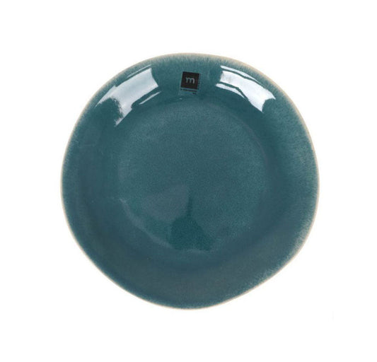 Teal blue ceramic dinner plate with irregular organic shape and glossy finish