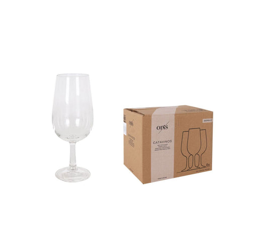 Clear Onis Tasting Wine Glass 170ml Jerez next to its cardboard packaging box