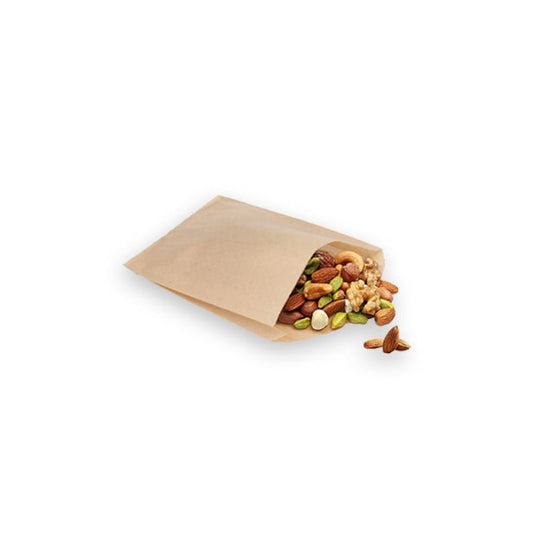 Brown paper bag with mixed nuts spilling out, 10x15cm pack of 30