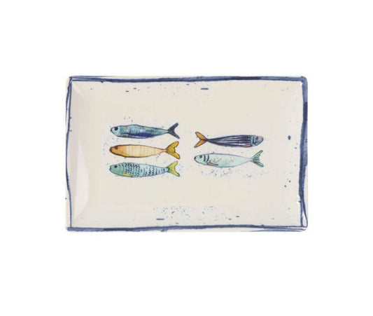 Ceramic Peixe rectangular serving dish with blue rim and colorful fish illustrations
