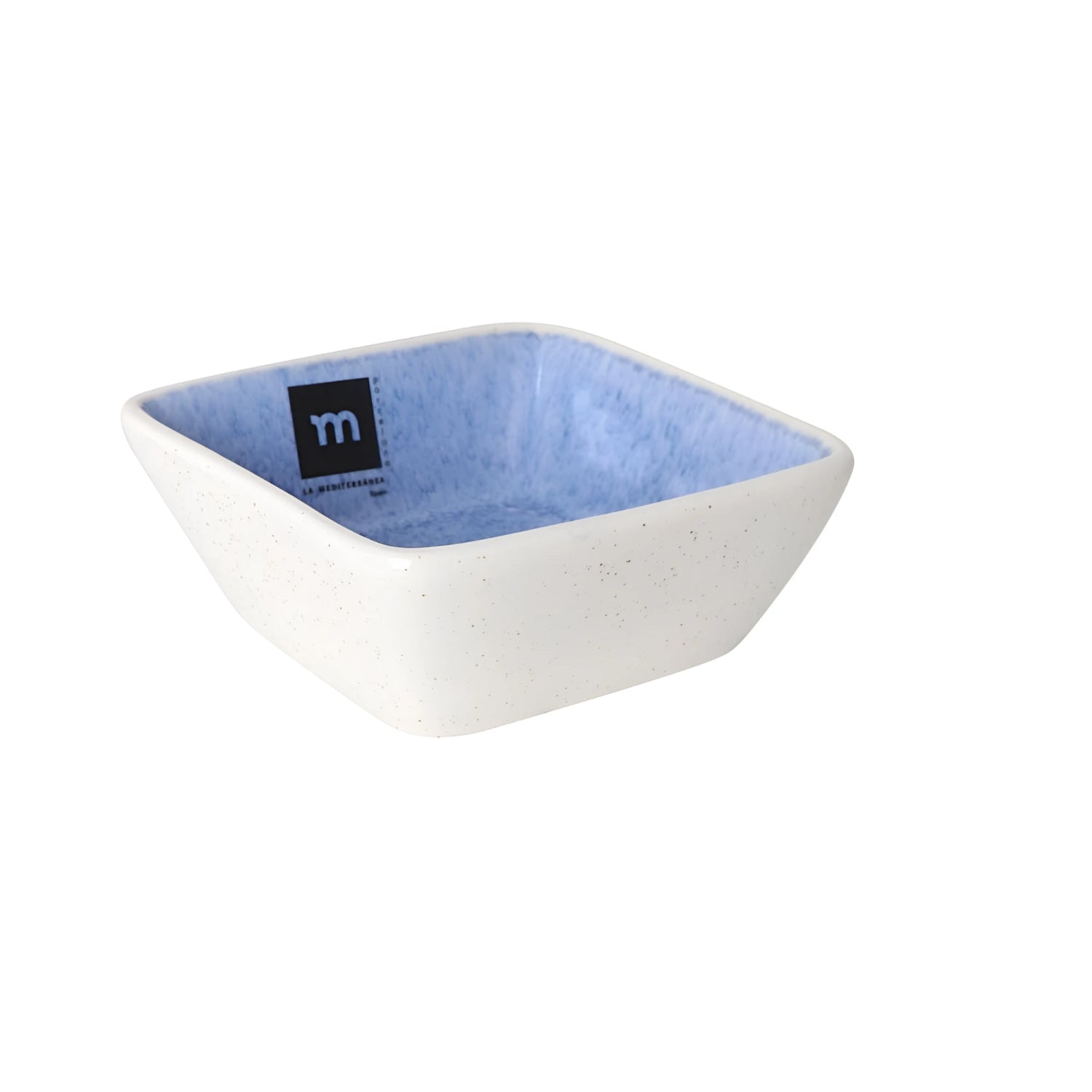 White ceramic square ramekin with speckled exterior and light blue interior