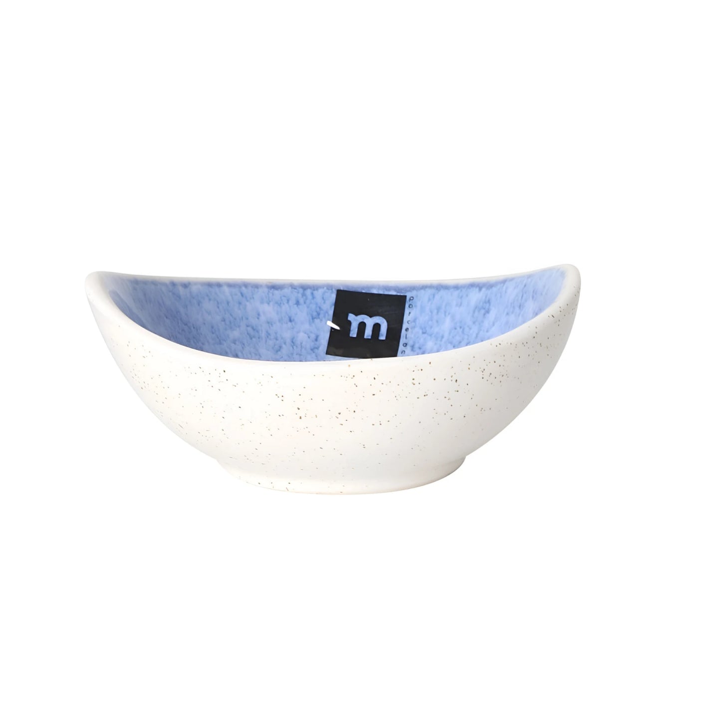 White speckled Pica Pica ramekin bowl with blue interior and black m label
