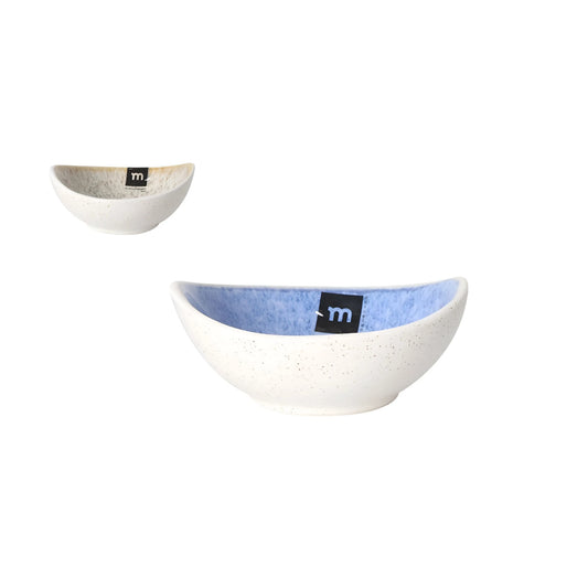 Pica Pica white speckled ramekin with light blue interior and black m logo
