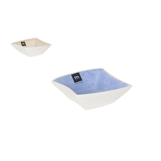 White ceramic square Pica Pica ramekin with light blue interior and black logo