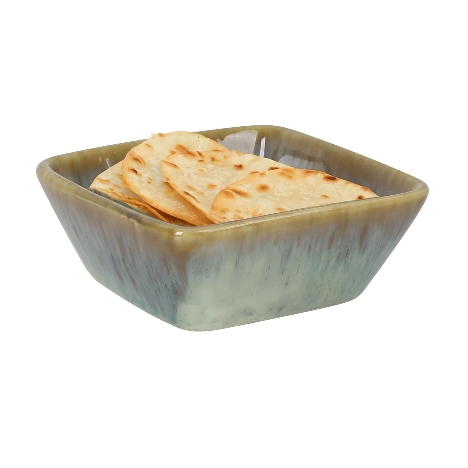 Square Pica Pica ramekin with mottled green-gray glaze holding golden-brown flatbreads