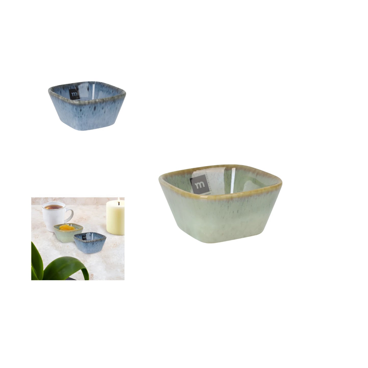 Pica Pica square green blue ramekin with speckled glaze and rustic edges