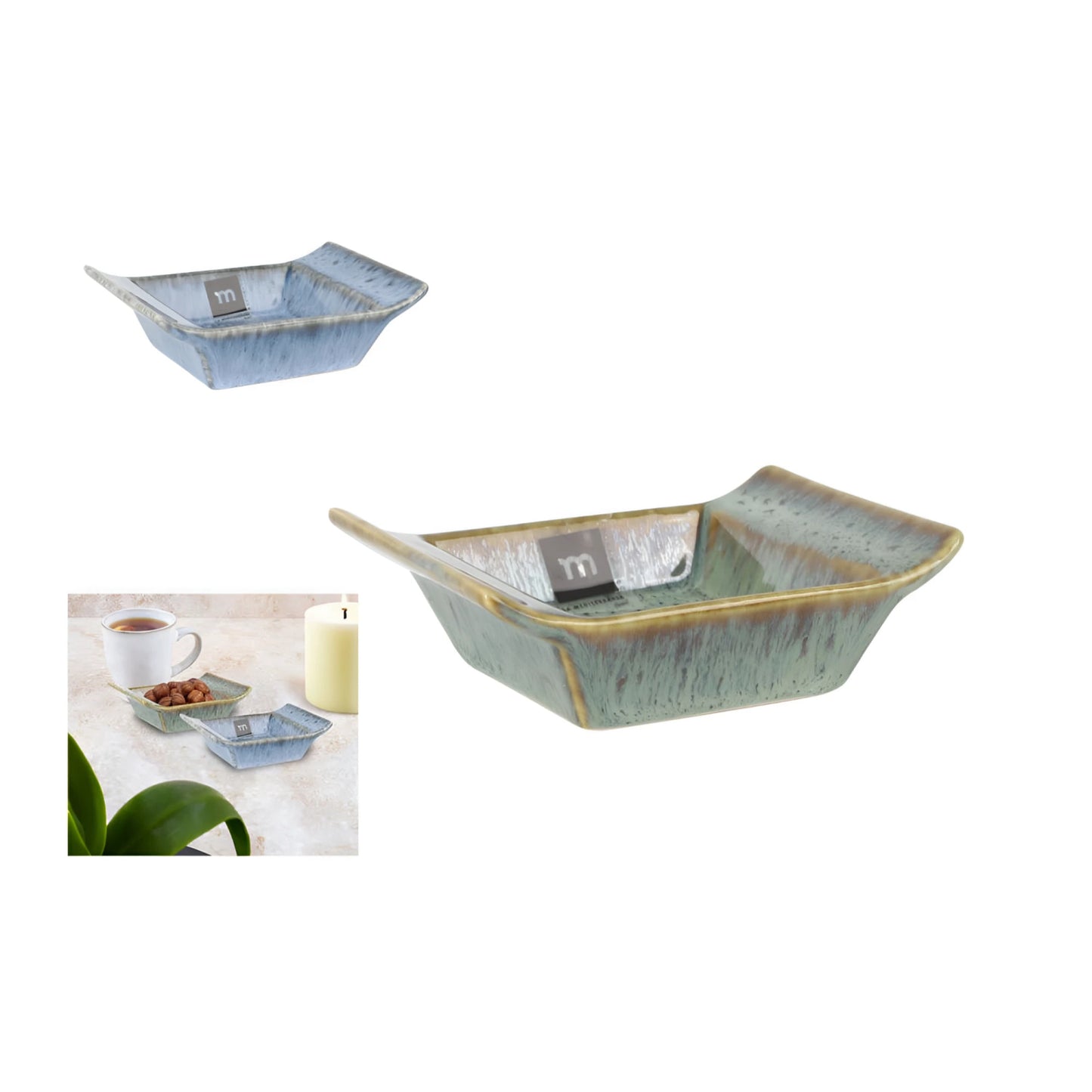 Pica Pica green blue ramekin dish, mottled glaze, 12.8x9x3.8cm