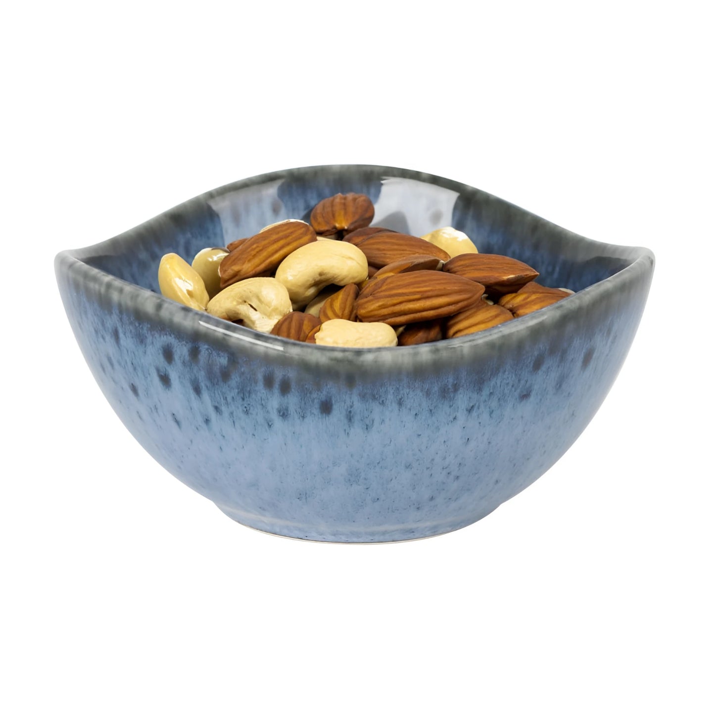 Blue speckled Pica Pica ramekin filled with almonds and cashews