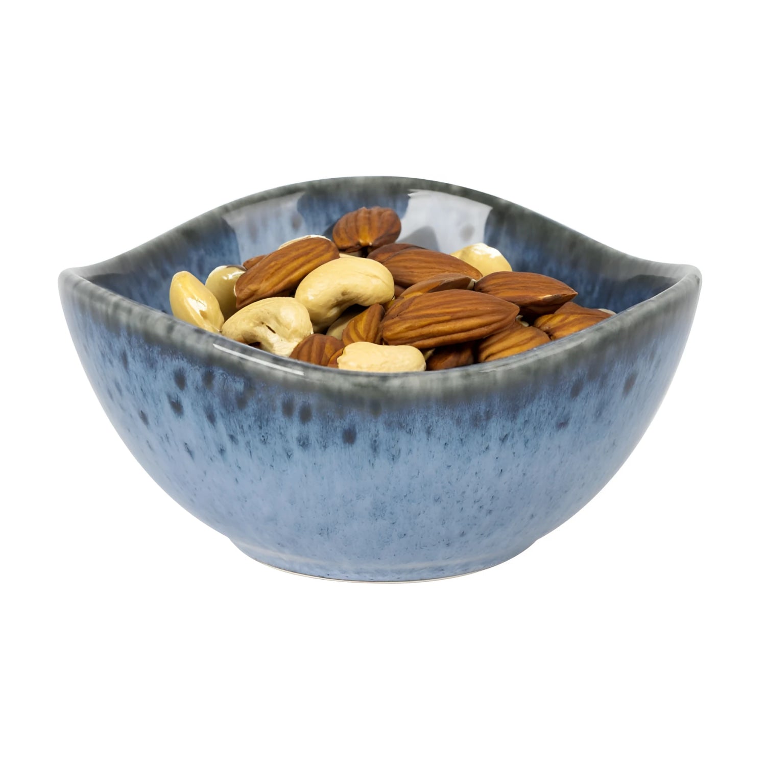 Blue speckled Pica Pica ramekin filled with almonds and cashews