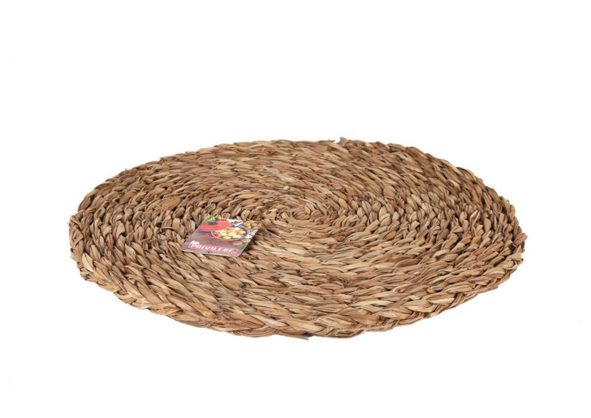 Round woven natural fiber placemat with product tag for Place Mat Wicker Round 35