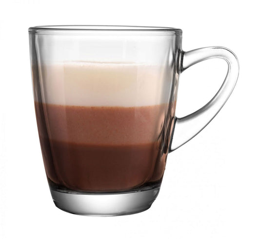 Clear 320ml Quebec glass mug with handle, layered coffee and cream