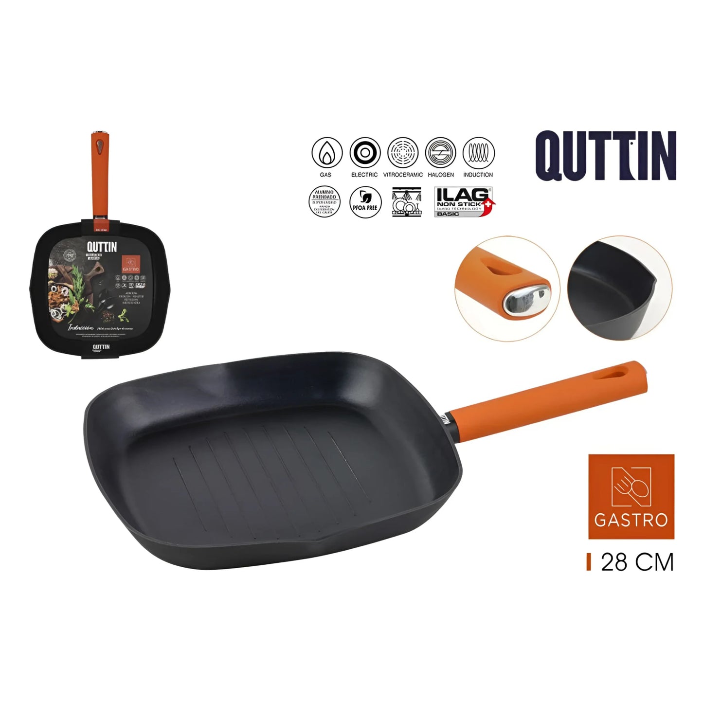 Quttin Gastro 28cm Square grill Frying pan Pressed Aluminium Non Stick Induction