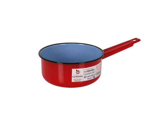 Red enameled steel 16cm saucepan by La Estrella with blue interior