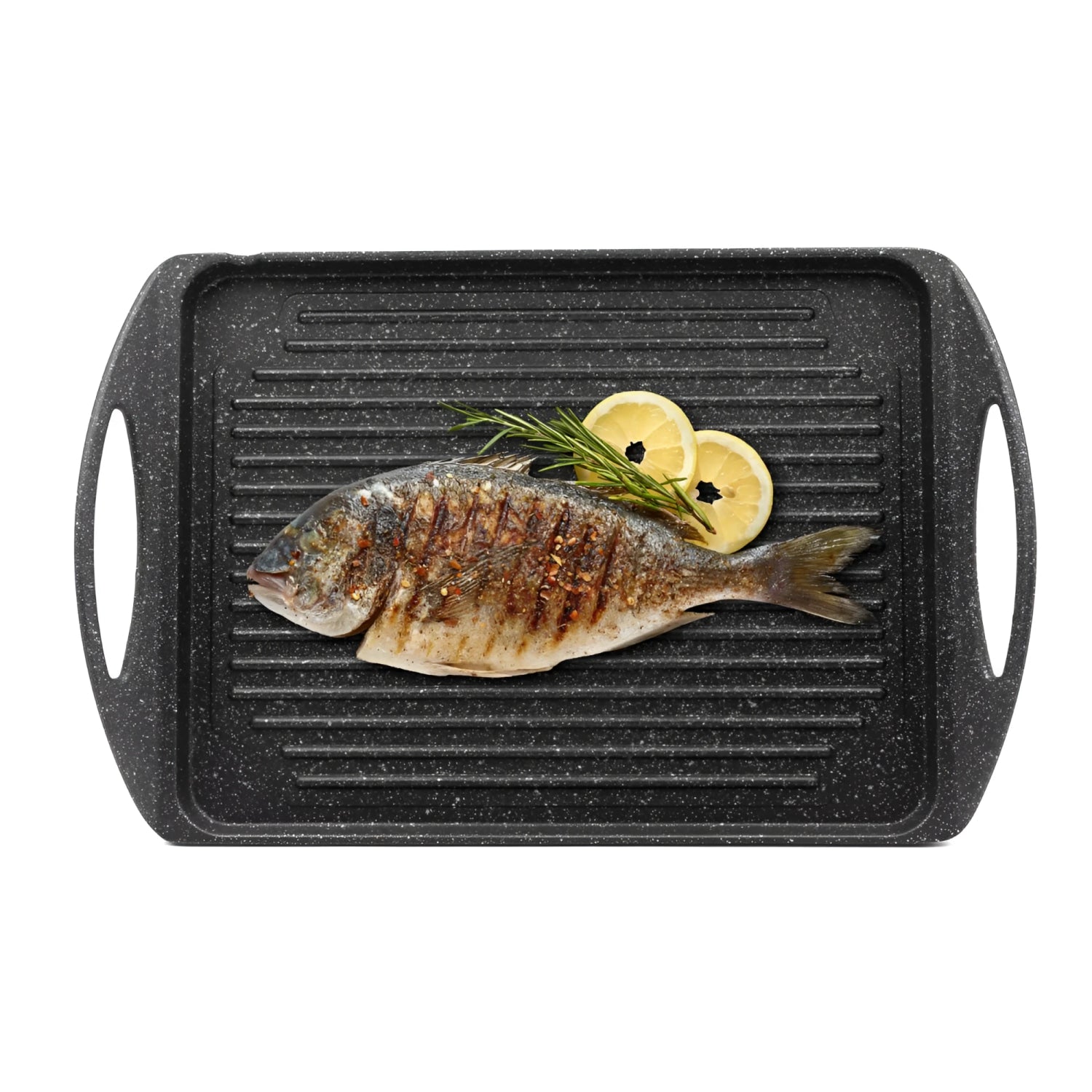 Black speckled non-stick Quttin grill roasting pan 42x27cm with ridges and handles