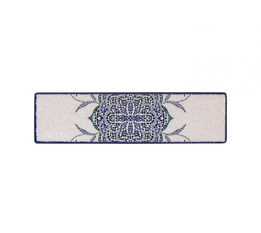 Blue and white mandala rug runner with navy border on Rosetta dish
