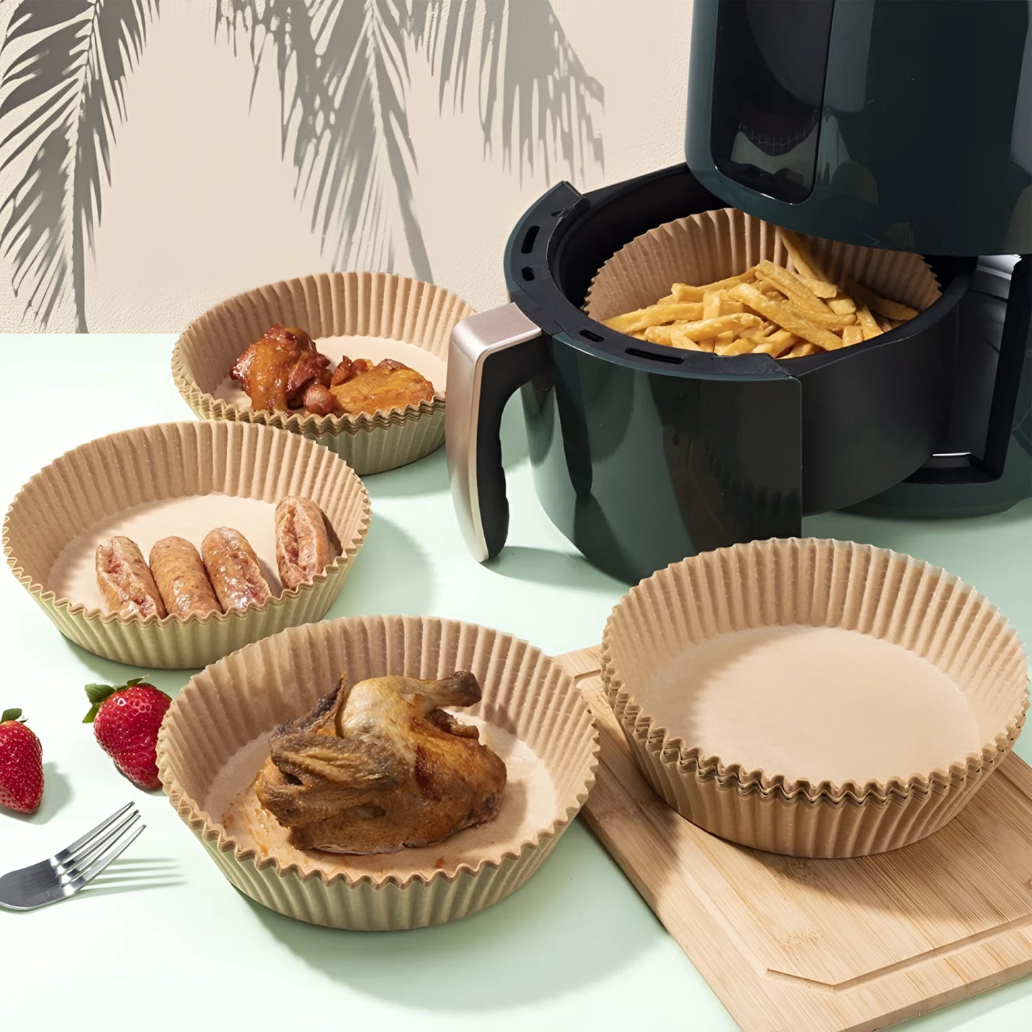 Beige fluted paper baking cups for 20cm round air fryer base, pack of 20