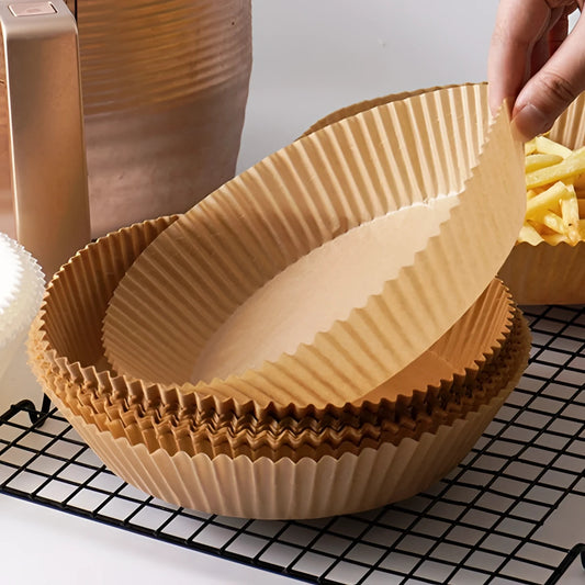 Stack of 20 beige fluted paper baking cups for 20cm round air fryer