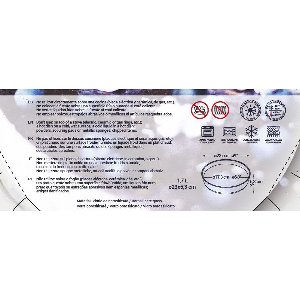 Borosilicate glass Round Oven dish Tin bakeware roasting 23cm 1.7L with usage instructions