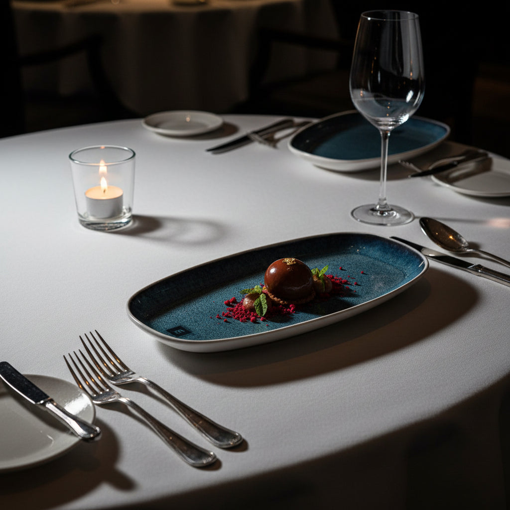 An oval ceramic serving platter with a speckled blue and teal glaze, featuring a small black square logo on the left side, set against a plain white background.