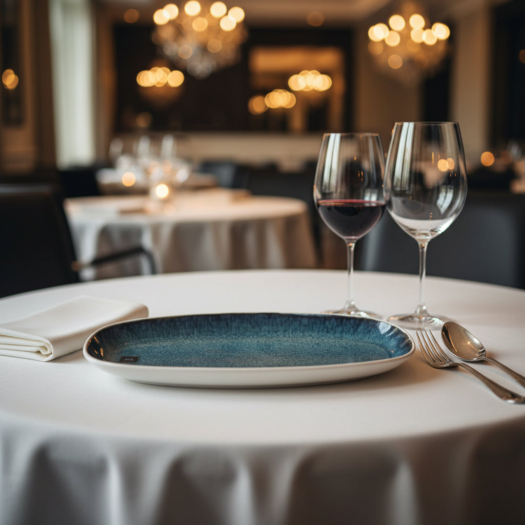 An oval ceramic serving platter with a speckled blue and teal glaze, featuring a small black square logo on the left side, set against a plain white background.