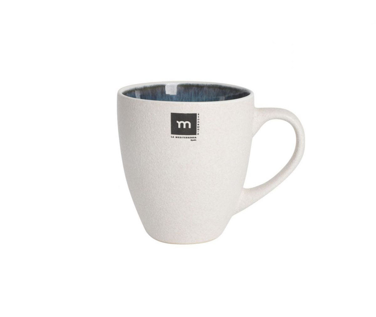 Modern white Savina 420ml stoneware mug with black interior and logo