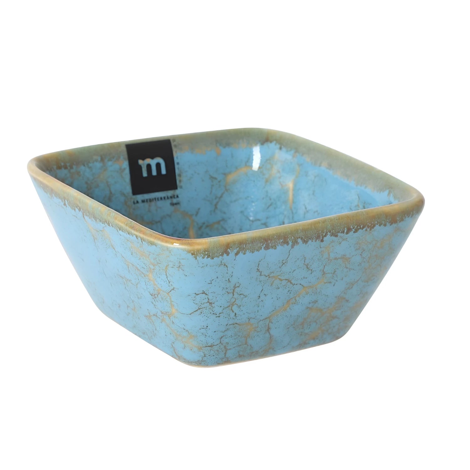 Scratch 10.7x10.7x5cm Ramekin square deep dish with crackled light blue glaze, golden-brown rim and La Mediterranea m logo