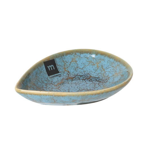 Teal Scratch ramekin dish with crackled glaze, golden rim and Le Moussoire m logo, 14.6x10.6x3cm