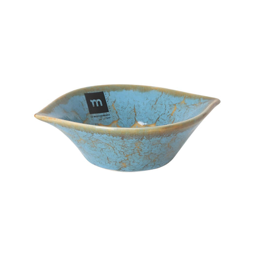 Scratch 15x11.7x4.4cm ramekin dish with turquoise crackled glaze, gold rim, leaf design