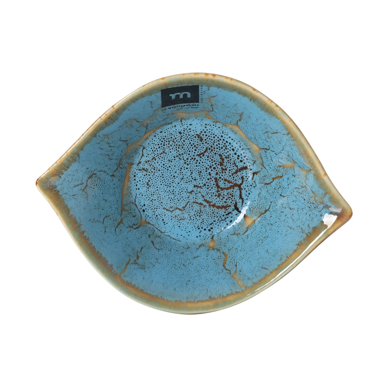 Scratch 15x11.7x4.4cm Ramekin dish, leaf-shaped ceramic with vibrant blue glaze and golden-brown crackle
