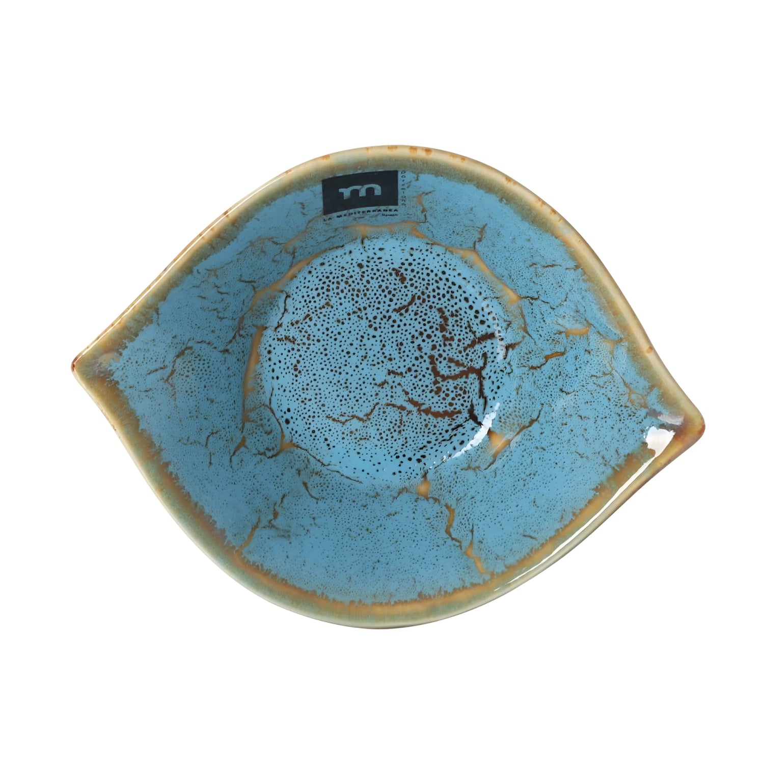 Scratch 15x11.7x4.4cm Ramekin dish, leaf-shaped ceramic with vibrant blue glaze and golden-brown crackle