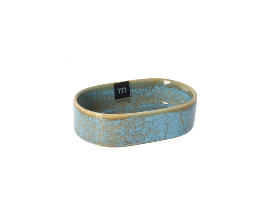 Oval ceramic bowl dish with textured blue-green glaze and tan rim for stylish serving