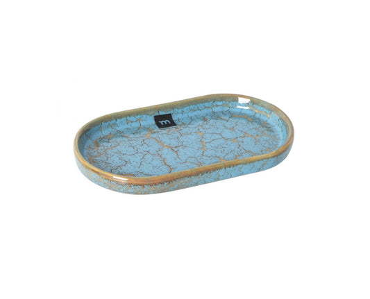 Oval ceramic serving tray with cracked blue and gold finish and tan rim for stylish dining