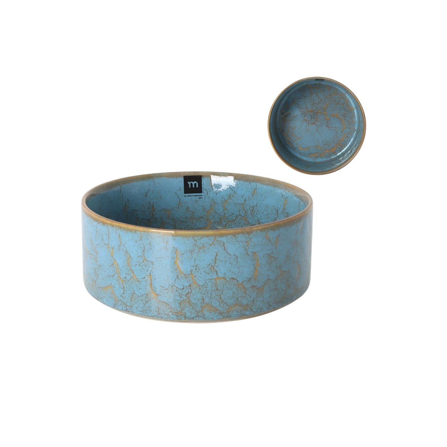 Scratch Blue 20.6x7.8cm pasta salad bowl with crackled blue glaze, gold rim and lid