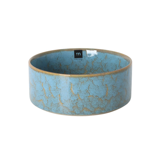 Turquoise Scratch Blue pasta salad bowl with crackled glaze, gold rim, m logo, 20.6x7.8cm